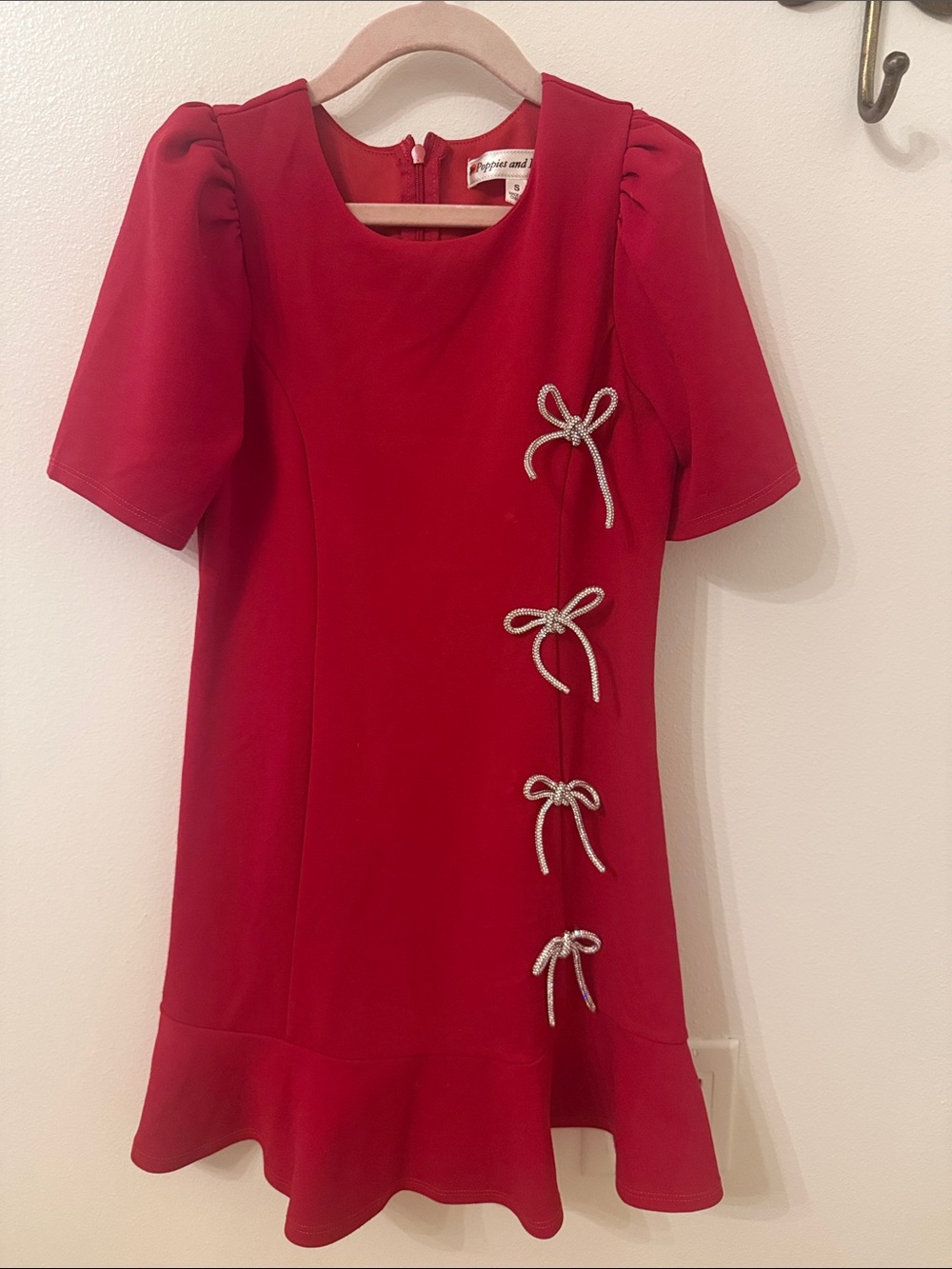 Girls Red Dress with Silver Bow Accents